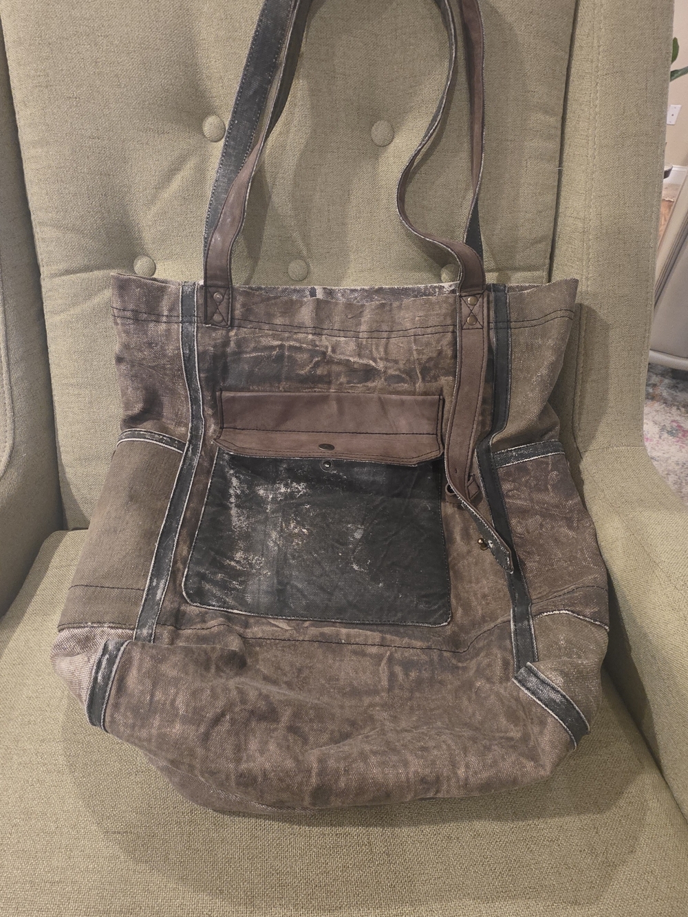 Brown Canvas Leather-Trim Tote Bag